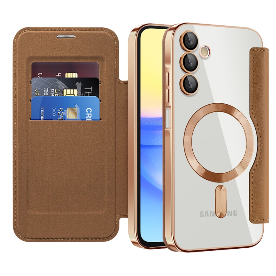 Husa pentru Samsung Galaxy A15 4G / Galaxy A15 5G tip carte, SKYDDAR INOVATION, SmartMag Book, Magsafe, RFiD, Suport Carduri, set cu sticker, Maro
