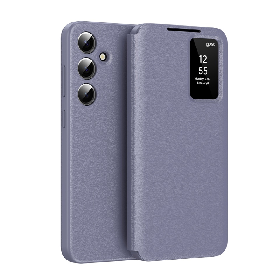 Husa pentru Samsung Galaxy A16 4G / Galaxy A16 5G tip carte, Skyddar, cu portofel si SmartView, Premium, set cu sticker, Mov