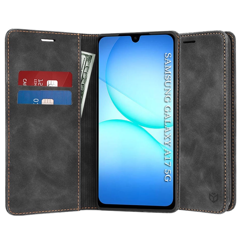 Husa pentru Samsung Galaxy A17 5G, SKYDDAR INNOVATION, Confy Cover tip Carte din piele Eco Premium, cu Portofel Interior, set cu sticker, Negru