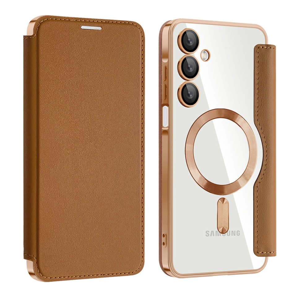 Husa pentru Samsung Galaxy A17 5G tip carte, SKYDDAR INOVATION, SmartMag Book, Magsafe, RFiD, Suport Carduri, set cu sticker, Maro - 1 | YEO