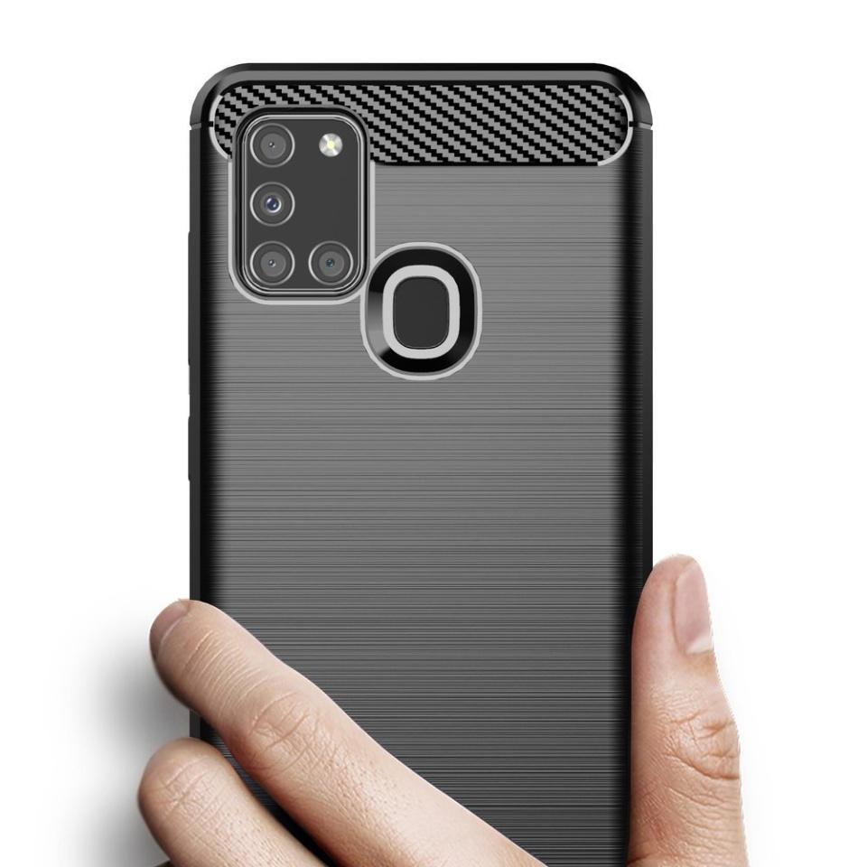 Husa pentru Samsung Galaxy A21s, SKYDDAR INNOVATION, Carbon Silicone, din Silicon Slim, cu textura Fibra Carbon, set cu sticker, Negru - 3 | YEO