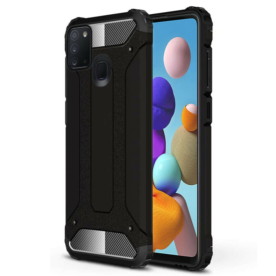 Husa pentru Samsung Galaxy A21s, SKYDDAR INNOVATION, Hybrid Armor, din Plastic Dur, Margini Cauciucate, Antisoc, set cu sticker, Negru