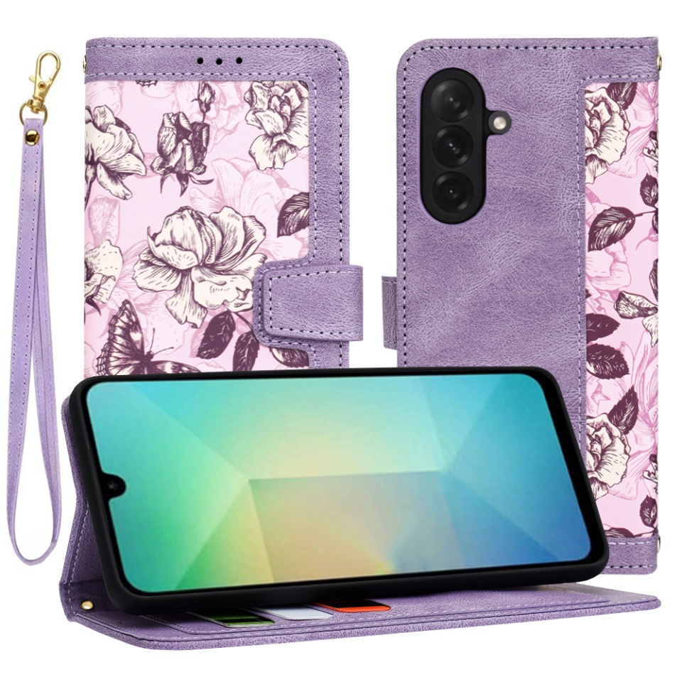 Husa pentru Samsung Galaxy A26 5G din Piele Ecologică cu Design Floral, Protecție 360°, Stand Integrat, Buzunare pentru Carduri, Floral Wallet - Mov