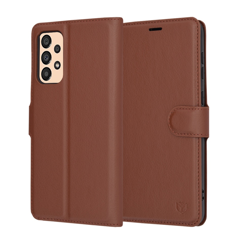 Husa pentru Samsung Galaxy A33 5G, SKYDDAR INNOVATION, Leather Folio tip Carte, cu Portofel Interior, Finisaje Premium, set cu sticker, Maro