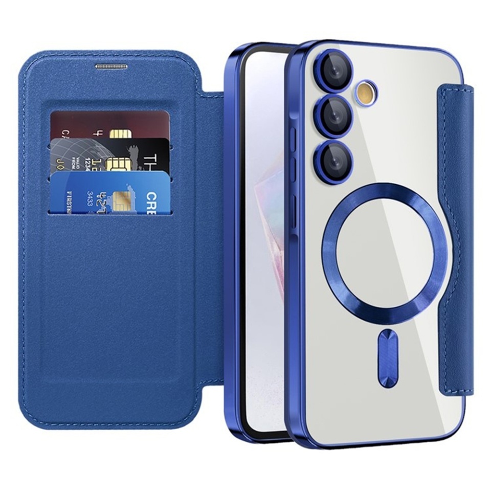 Husa pentru Samsung Galaxy A35 5G tip carte, SKYDDAR INOVATION, SmartMag Book, Magsafe, RFiD, Suport Carduri, set cu sticker, Albastru