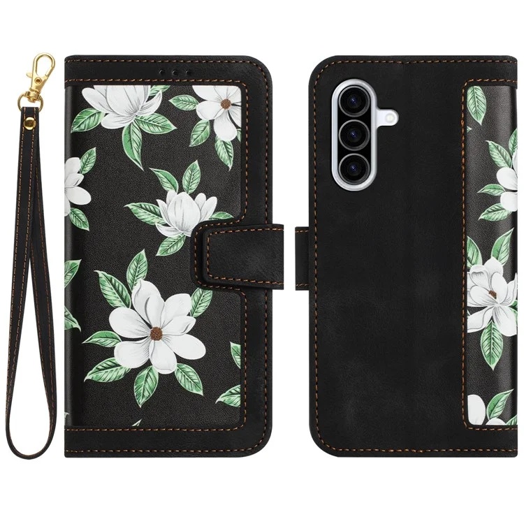 Husa pentru Samsung Galaxy A36 5G din Piele Ecologică cu Design Floral, Protecție 360°, Stand Integrat, Buzunare pentru Carduri, SKDR Floral Wallet - Negru