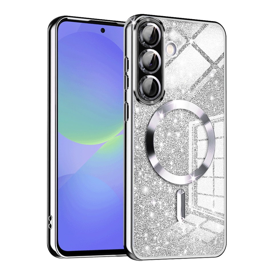 Husa pentru Samsung Galaxy A36 5G / Galaxy A56 5G, SKYDDAR INNOVATION, Luxury Glitter Magsafe, Antisoc, Fundal Detasabil 2-in-1, Protectie Superioara, Margini Ridicate, Argintiu, set cu sticker