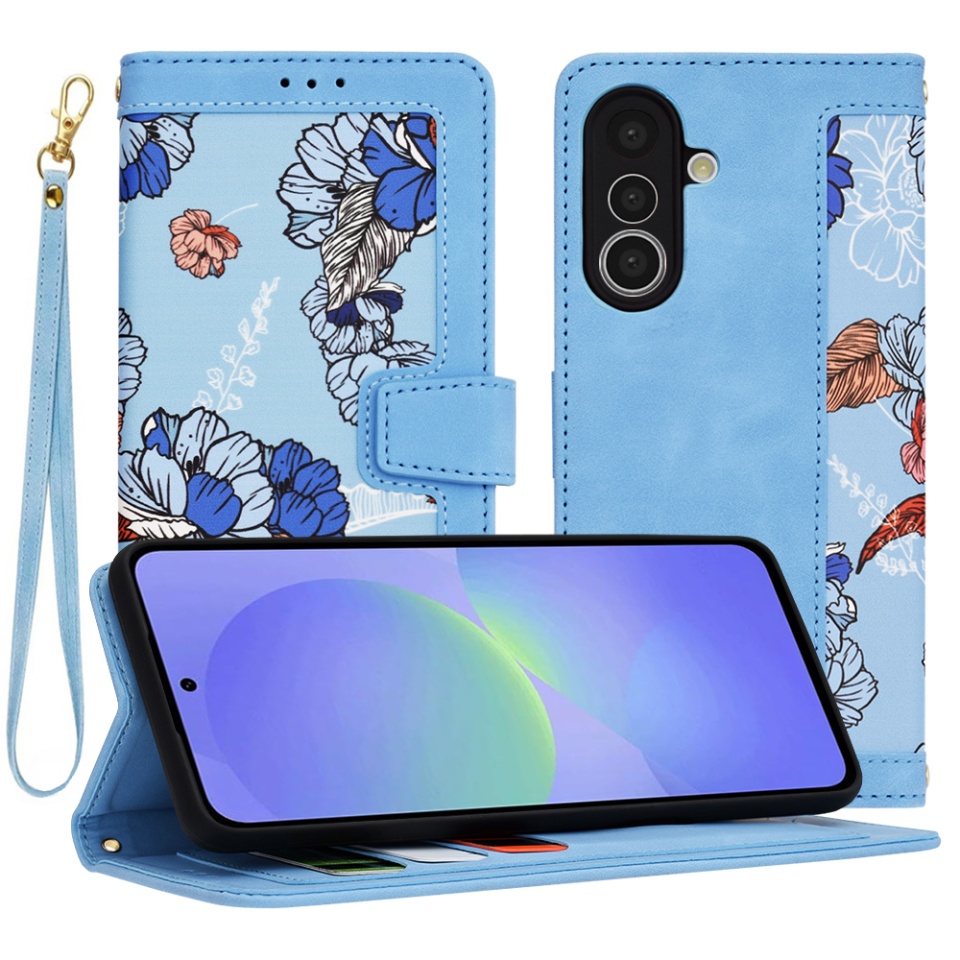 Husa pentru Samsung Galaxy A36 5G, SKYDDAR INNOVATION, Floral Wallet, din Piele Ecologică cu Design Floral, Protecție 360°, Stand Integrat, Buzunare pentru Carduri, Bleu, set cu sticker