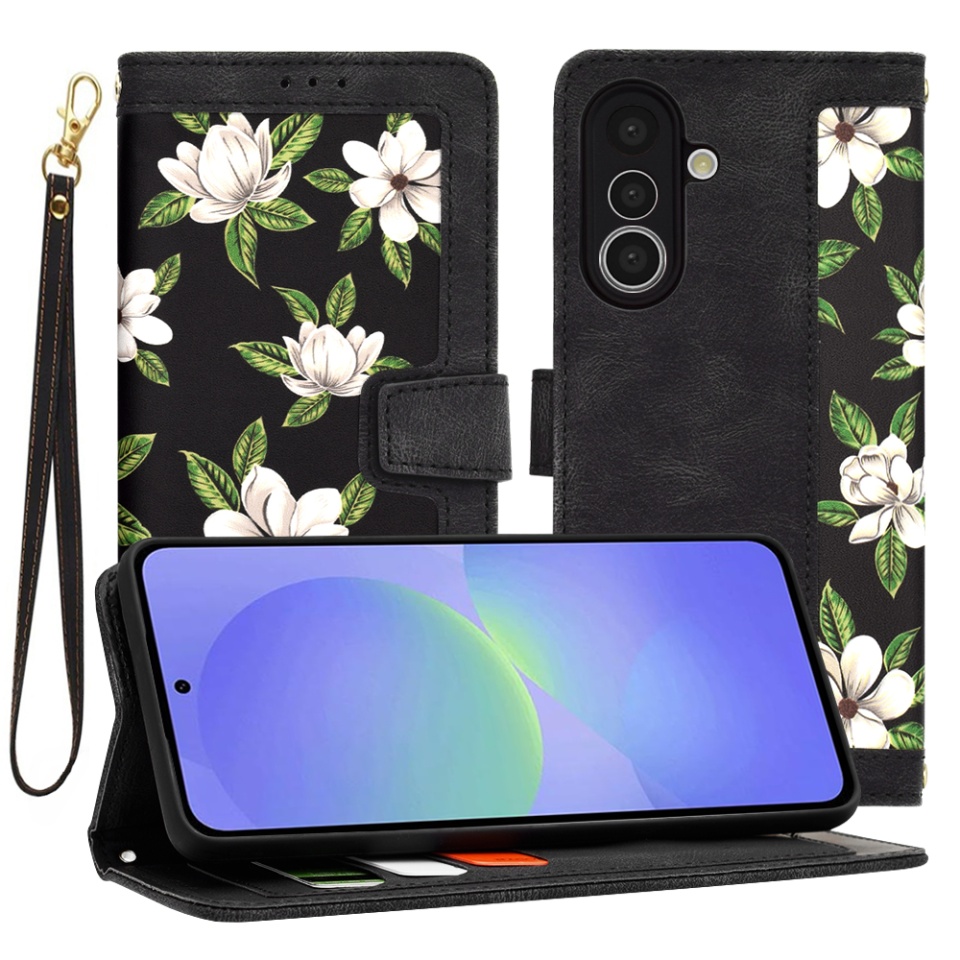 Husa pentru Samsung Galaxy A36 5G, SKYDDAR INNOVATION, Floral Wallet, din Piele Ecologică cu Design Floral, Protecție 360°, Stand Integrat, Buzunare pentru Carduri, Negru, set cu sticker
