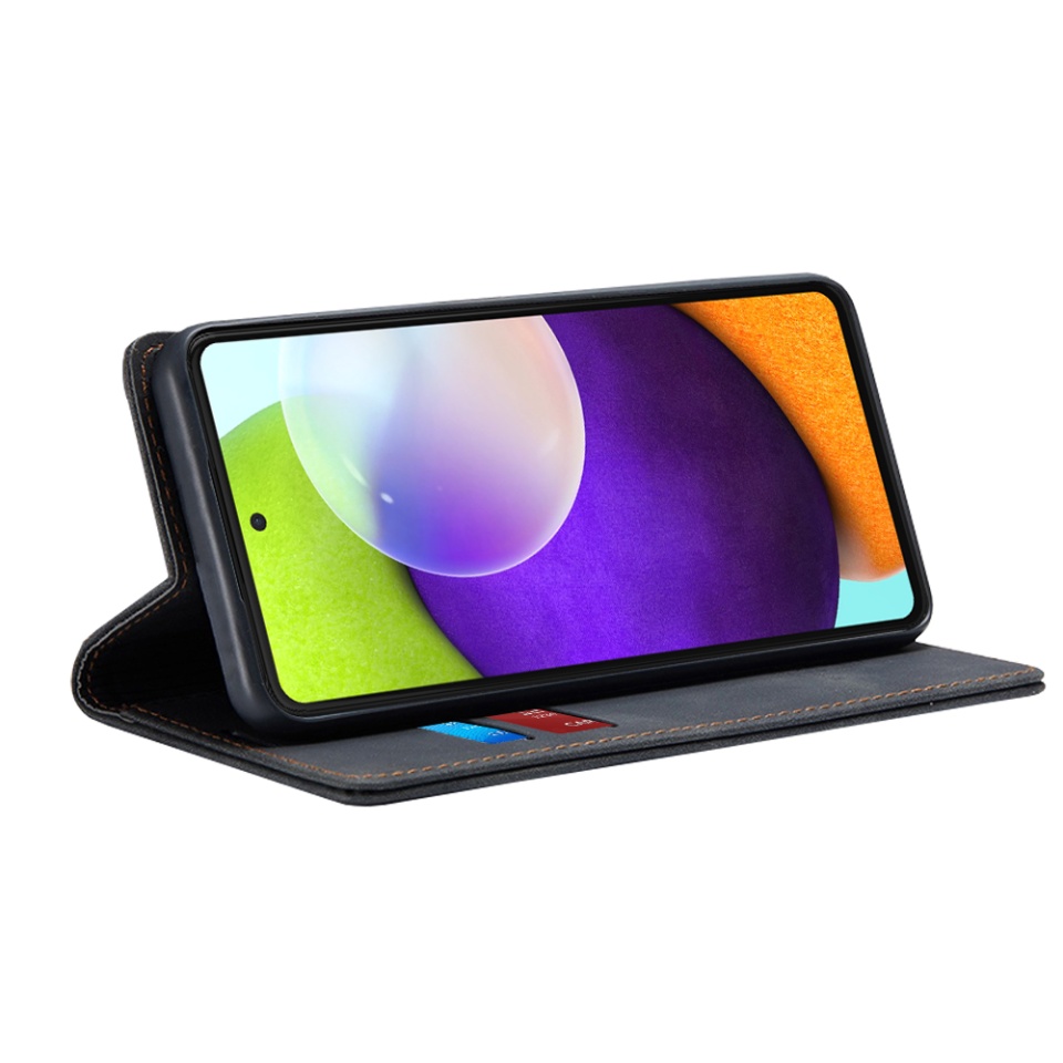 Husa pentru Samsung Galaxy A52 5G / Galaxy A52 4G / Galaxy A52s 5G, SKYDDAR INNOVATION, Soft Wallet, tip Carte din piele Eco Premium, cu Portofel Interior, Negru, set cu sticker - 1 | YEO