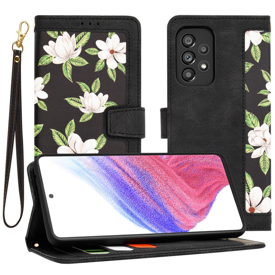 Husa pentru Samsung Galaxy A53 5G din Piele Ecologică cu Design Floral, Protecție 360°, Stand Integrat, Buzunare pentru Carduri, SKDR Floral Wallet - Negru