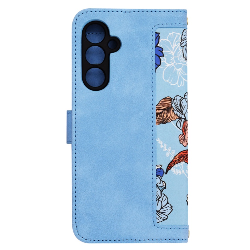 Husa pentru Samsung Galaxy A54 din Piele Ecologică cu Design Floral, Protecție 360°, Stand Integrat, Buzunare pentru Carduri, SKDR Floral Wallet - Bleu - 3 | YEO