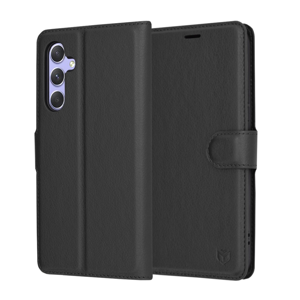 Husa pentru Samsung Galaxy A54, SKYDDAR INNOVATION, Leather Folio tip Carte, cu Portofel Interior, Finisaje Premium, set cu sticker, Negru