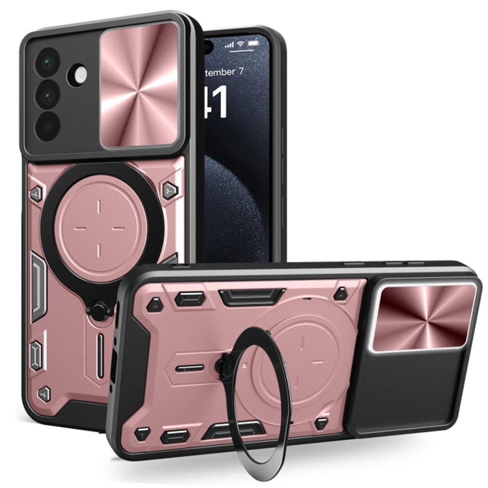 Husa pentru Samsung Galaxy A56 5G, cu inel magnetic si suport ajustabil, protectie completa camera, SKDR SafeCover - Roz auriu