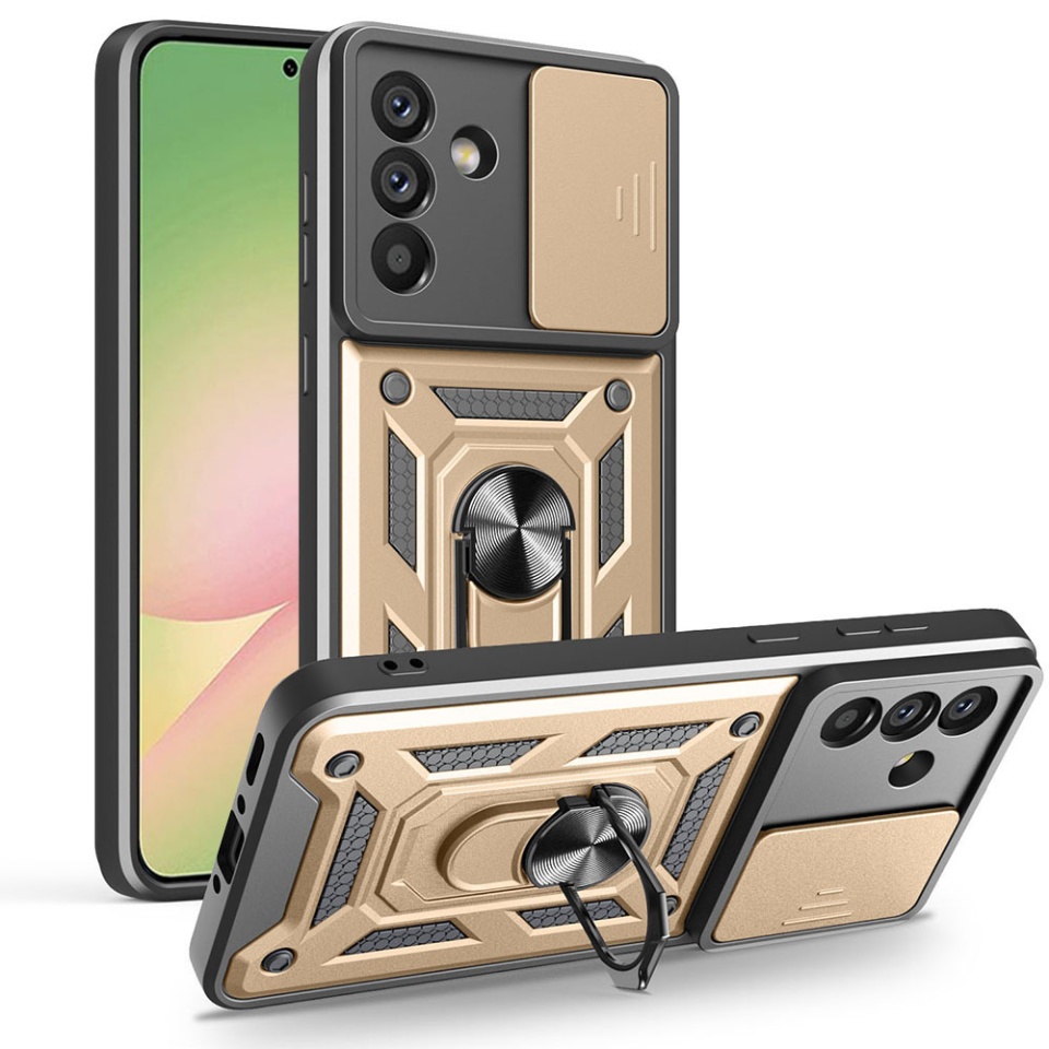 Husa pentru Samsung Galaxy A56 5G, SKYDDAR INNOVATION, CamShield, Inel magnetic, set cu sticker, Auriu