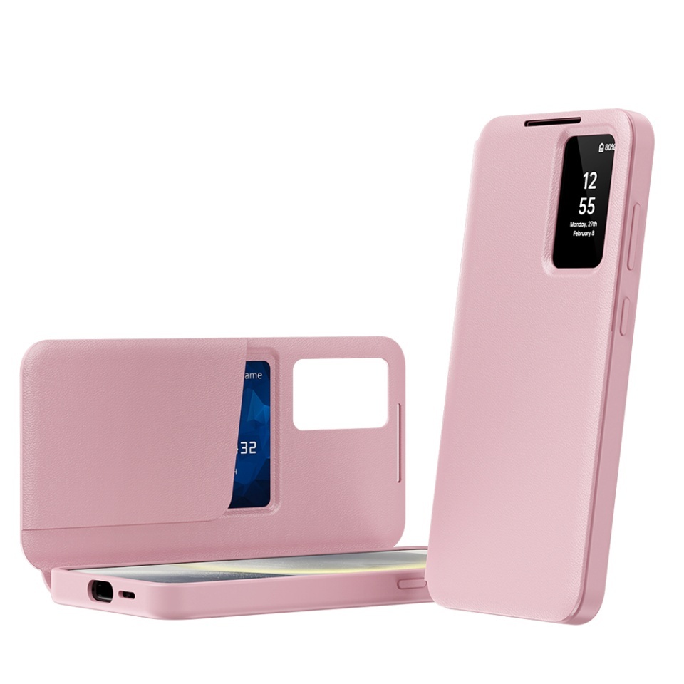 Husa pentru Samsung Galaxy A56 5G tip carte, Skyddar, cu portofel si SmartView, Premium, set cu sticker, Roz - 1 | YEO