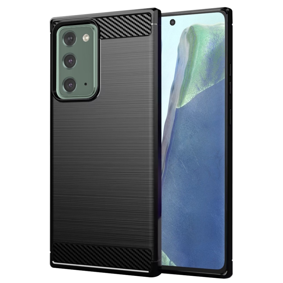 Husa pentru Samsung Galaxy Note 20 / Galaxy Note 20 5G, SKYDDAR INNOVATION, Carbon Silicone, din Silicon Slim, cu textura Fibra Carbon, set cu sticker, Negru