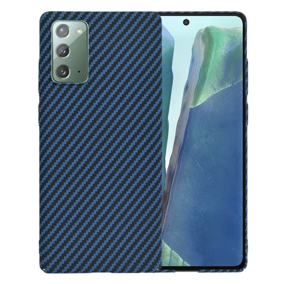 Husa pentru Samsung Galaxy Note 20 / Galaxy Note 20 5G, SKYDDAR INNOVATION, textura carbon, Carbonite FiberShell, set cu sticker, Cyan,