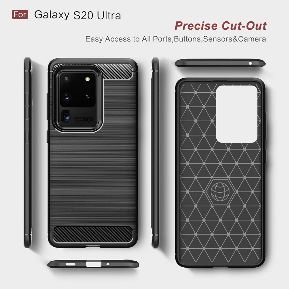 Husa pentru Samsung Galaxy S20 Ultra 5G / Galaxy S20 Ultra, SKYDDAR INNOVATION, Carbon Silicone, din Silicon Slim, cu textura Fibra Carbon, set cu sticker, Negru - 2 | YEO