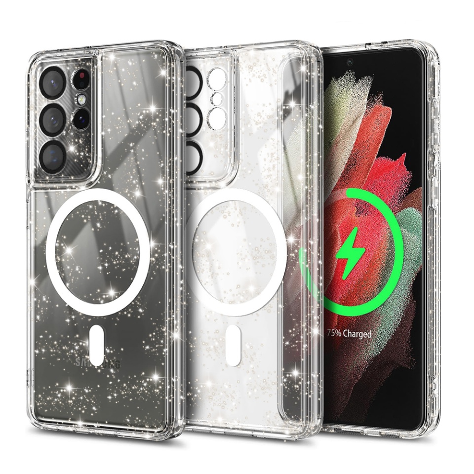 Husa pentru Samsung Galaxy S21 Ultra 5G , Magsafe, din Silicon TPU cu Sclipici, Design Elegant si Ultra Subtire, SKDR Shine - Transparenta