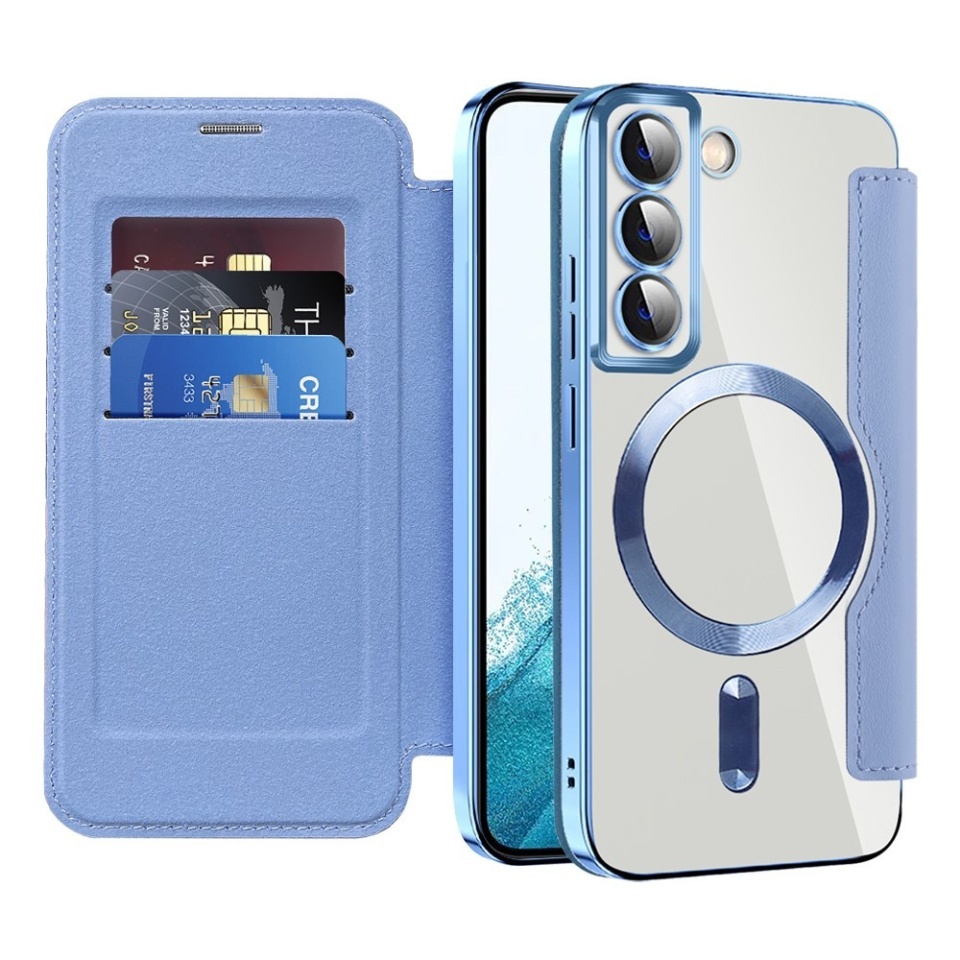 Husa pentru Samsung Galaxy S22 5G tip carte, SKYDDAR INOVATION, SmartMag Book, Magsafe, RFiD, Suport Carduri, set cu sticker, Bleu