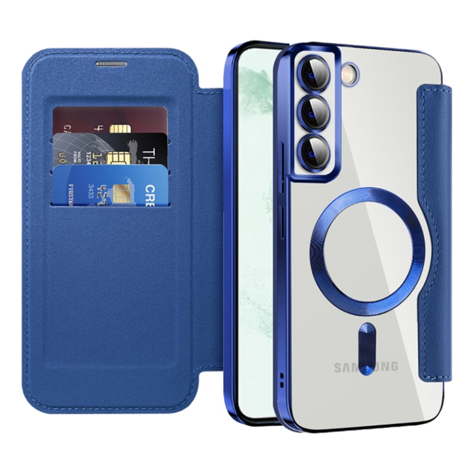 Husa pentru Samsung Galaxy S22 Plus 5G tip carte, SKYDDAR INOVATION, SmartMag Book, Magsafe, RFiD, Suport Carduri, set cu sticker, Albastru