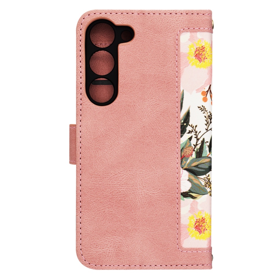 Husa pentru Samsung Galaxy S23 din Piele Ecologică cu Design Floral, Protecție 360°, Stand Integrat, Buzunare pentru Carduri, SKDR Floral Wallet - Roz - 2 | YEO