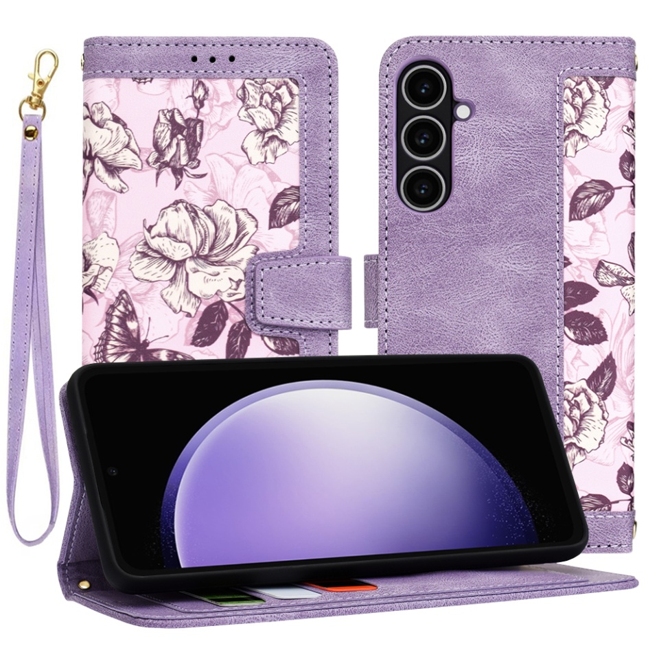 Husa pentru Samsung Galaxy S23 FE din Piele Ecologică cu Design Floral, Protecție 360°, Stand Integrat, Buzunare pentru Carduri, SKDR Floral Wallet - Mov