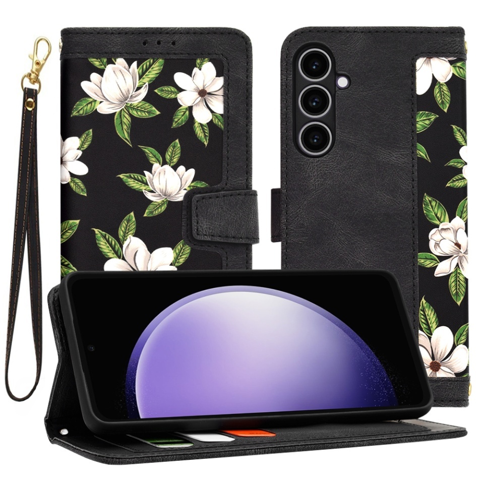 Husa pentru Samsung Galaxy S23 FE, SKYDDAR INNOVATION, Flipcraft din Piele Ecologică, Stand Integrat, Buzunare pentru Carduri, set cu sticker, Negru