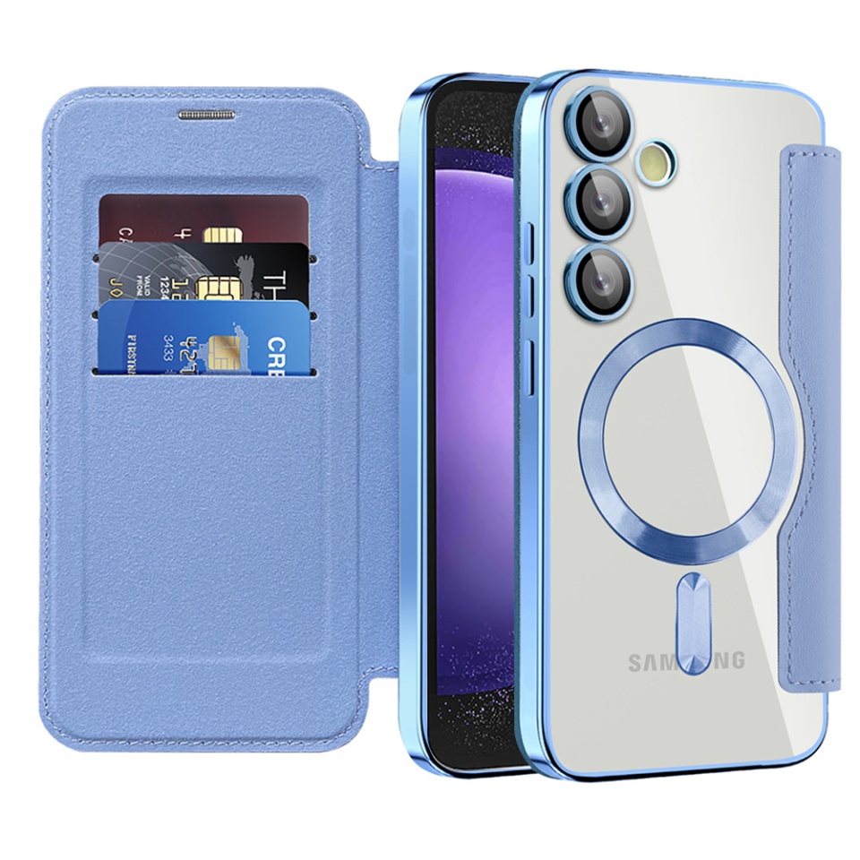 Husa pentru Samsung Galaxy S23 FE tip carte, SKYDDAR INOVATION, SmartMag Book, Magsafe, RFiD, Suport Carduri, set cu sticker, Bleu