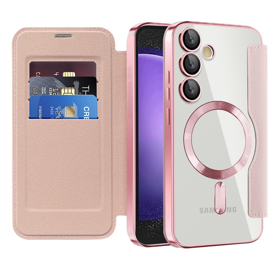 Husa pentru Samsung Galaxy S23 FE tip carte, SKYDDAR INOVATION, SmartMag Book, Magsafe, RFiD, Suport Carduri, set cu sticker, Roz
