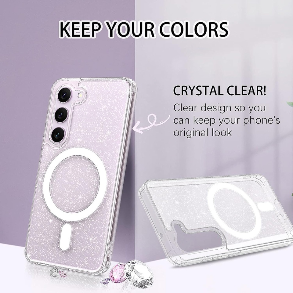 Husa pentru Samsung Galaxy S23 Plus, Magsafe, din Silicon TPU cu Sclipici, Design Elegant si Ultra Subtire, SKDR Shine - Transparenta - 1 | YEO
