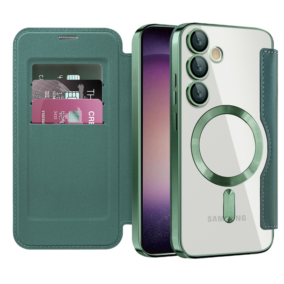 Husa pentru Samsung Galaxy S23 Plus tip carte, SKYDDAR INOVATION, SmartMag Book, Magsafe, RFiD, Suport Carduri, set cu sticker, Verde