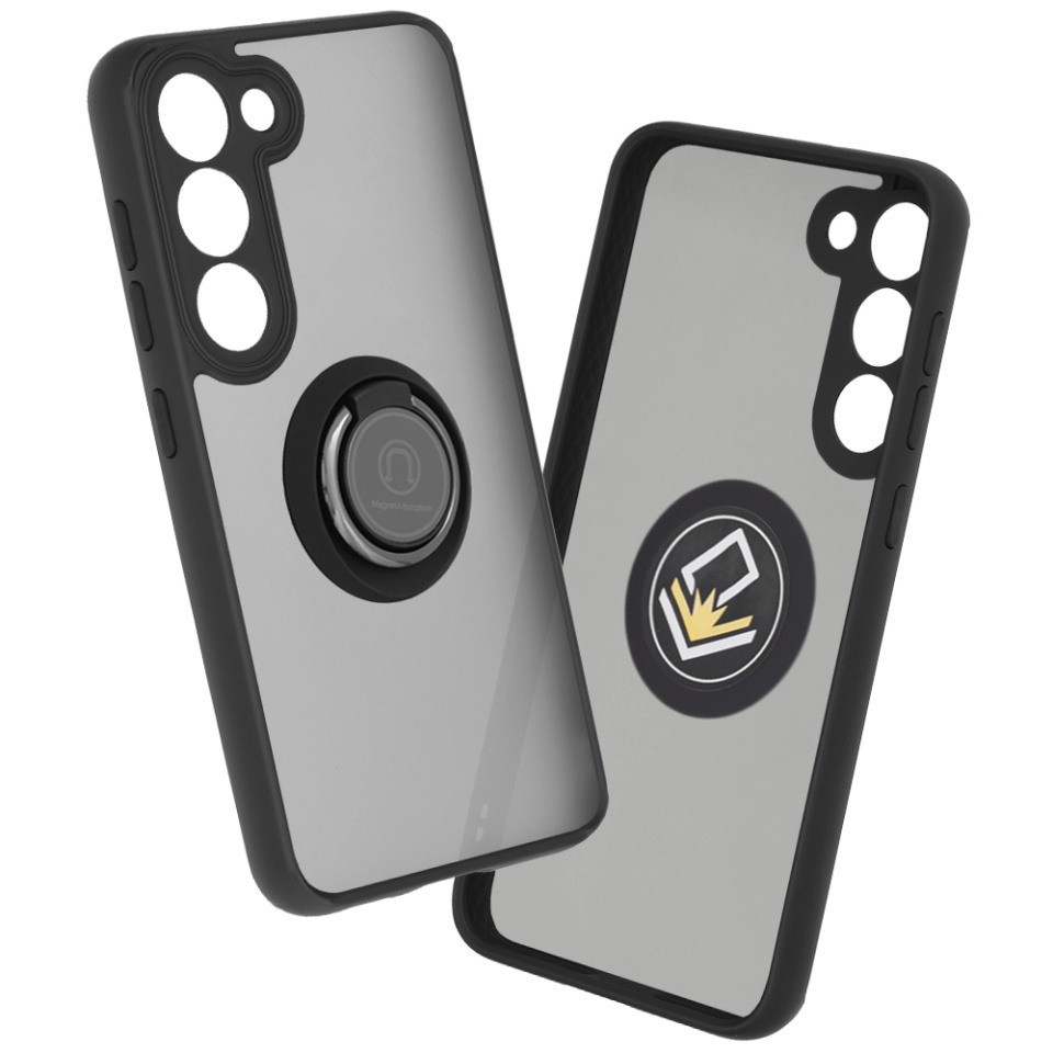 Husa pentru Samsung Galaxy S23, SKYDDAR INNOVATION, Glinth cu Inel Rotativ 360° Magnetic, Negru, set cu sticker