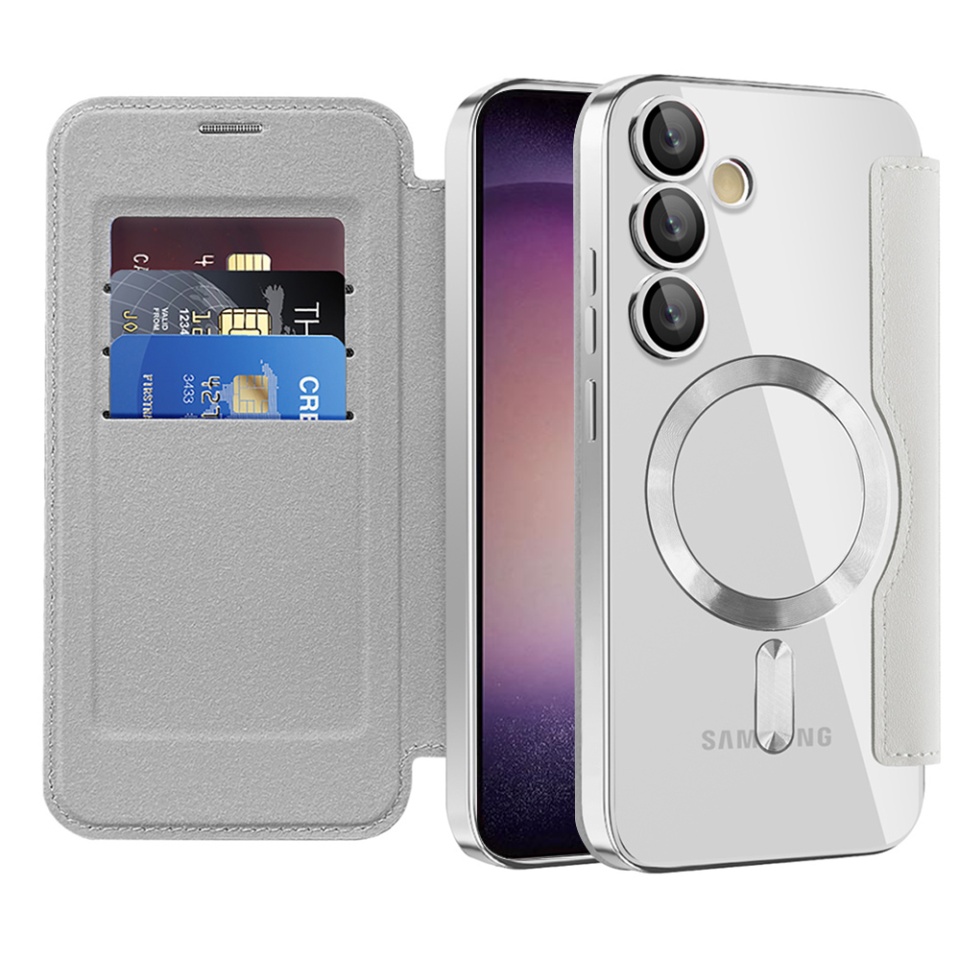Husa pentru Samsung Galaxy S23 tip carte, SKYDDAR INOVATION, SmartMag Book, Magsafe, RFiD, Suport Carduri, set cu sticker, Gri