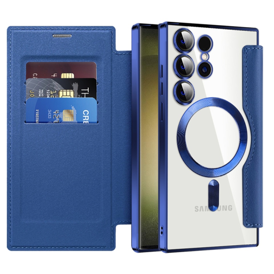 Husa pentru Samsung Galaxy S23 Ultra tip carte, SKYDDAR INOVATION, SmartMag Book, Magsafe, RFiD, Suport Carduri, set cu sticker, Albastru
