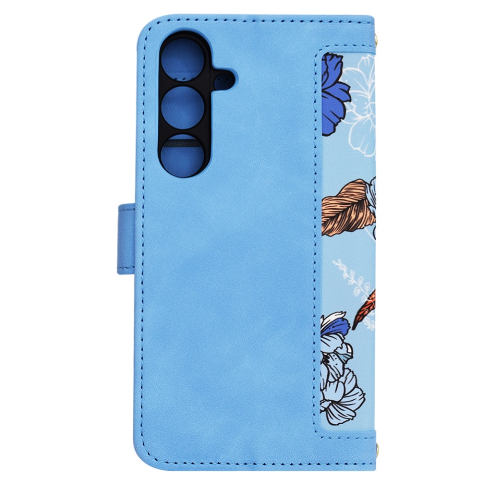 Husa pentru Samsung Galaxy S24 din Piele Ecologică cu Design Floral, Protecție 360°, Stand Integrat, Buzunare pentru Carduri, SKDR Floral Wallet - Bleu - 3 | YEO