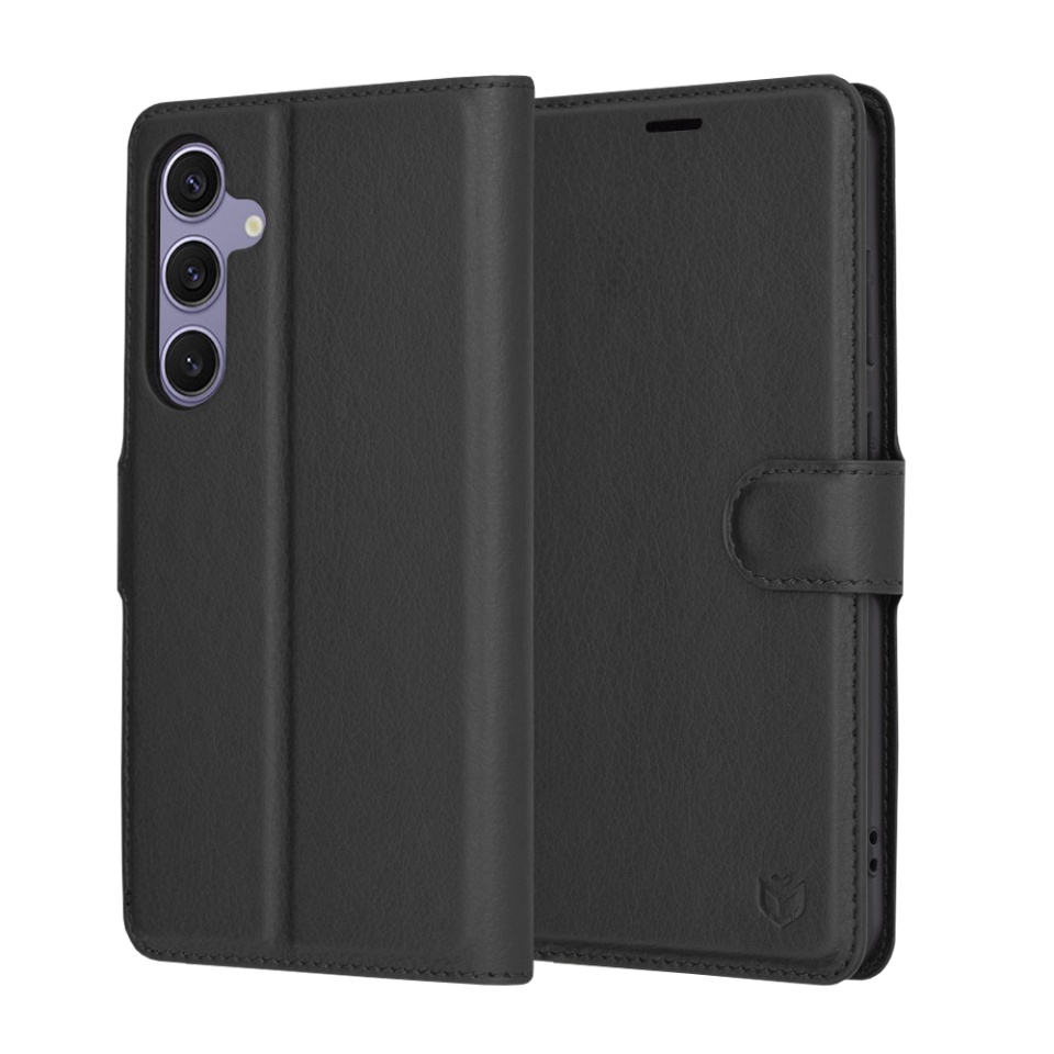 Husa pentru Samsung Galaxy S24 Plus, SKYDDAR INNOVATION, Leather Folio tip Carte, cu Portofel Interior, Finisaje Premium, set cu sticker, Negru
