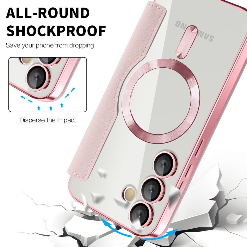 Husa pentru Samsung Galaxy S24 Plus tip carte, SKYDDAR INOVATION, SmartMag Book, Magsafe, RFiD, Suport Carduri, set cu sticker, Roz - 3 | YEO