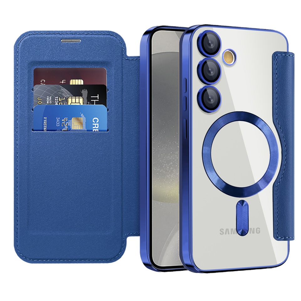 Husa pentru Samsung Galaxy S24 tip carte, SKYDDAR INOVATION, SmartMag Book, Magsafe, RFiD, Suport Carduri, set cu sticker, Albastru
