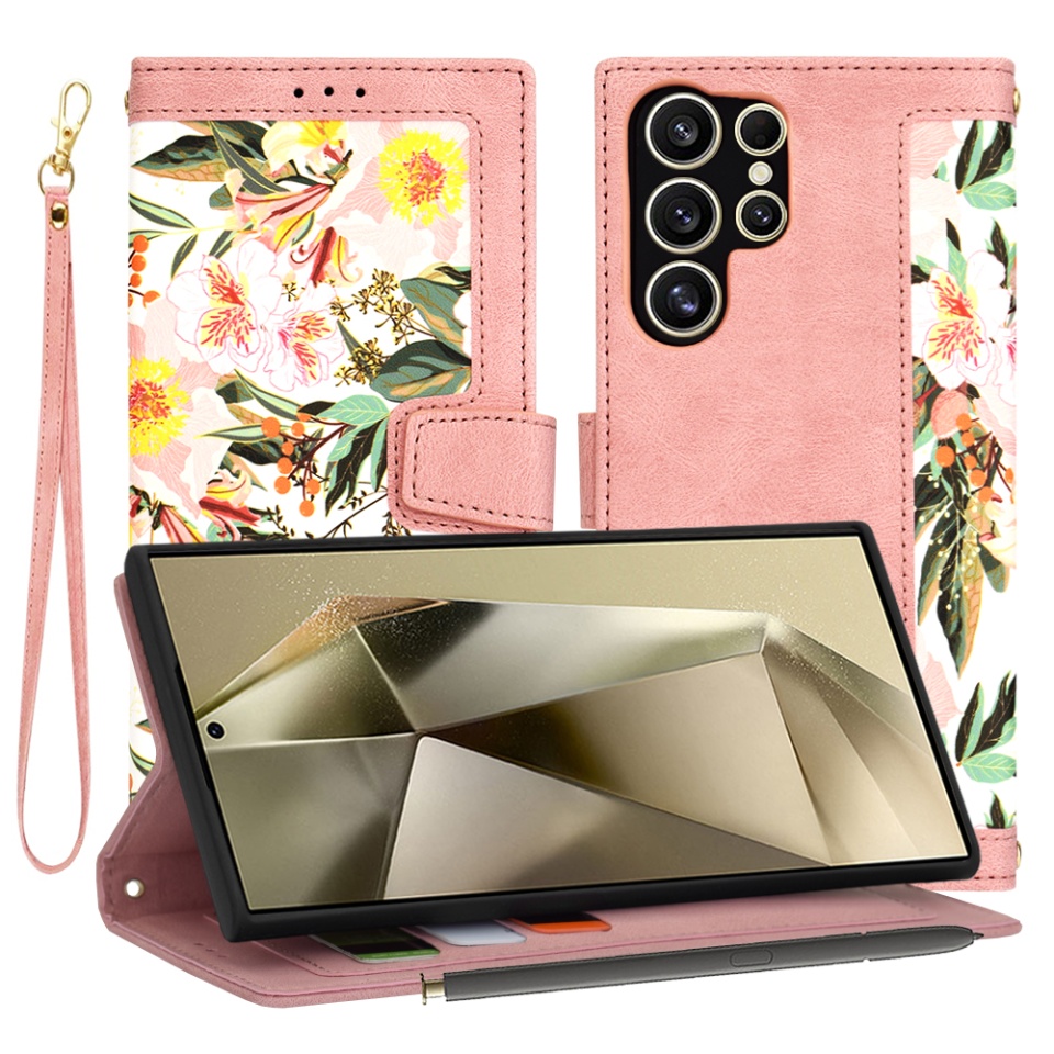 Husa pentru Samsung Galaxy S24 Ultra din Piele Ecologică cu Design Floral, Protecție 360°, Stand Integrat, Buzunare pentru Carduri, SKDR Floral Wallet - Roz
