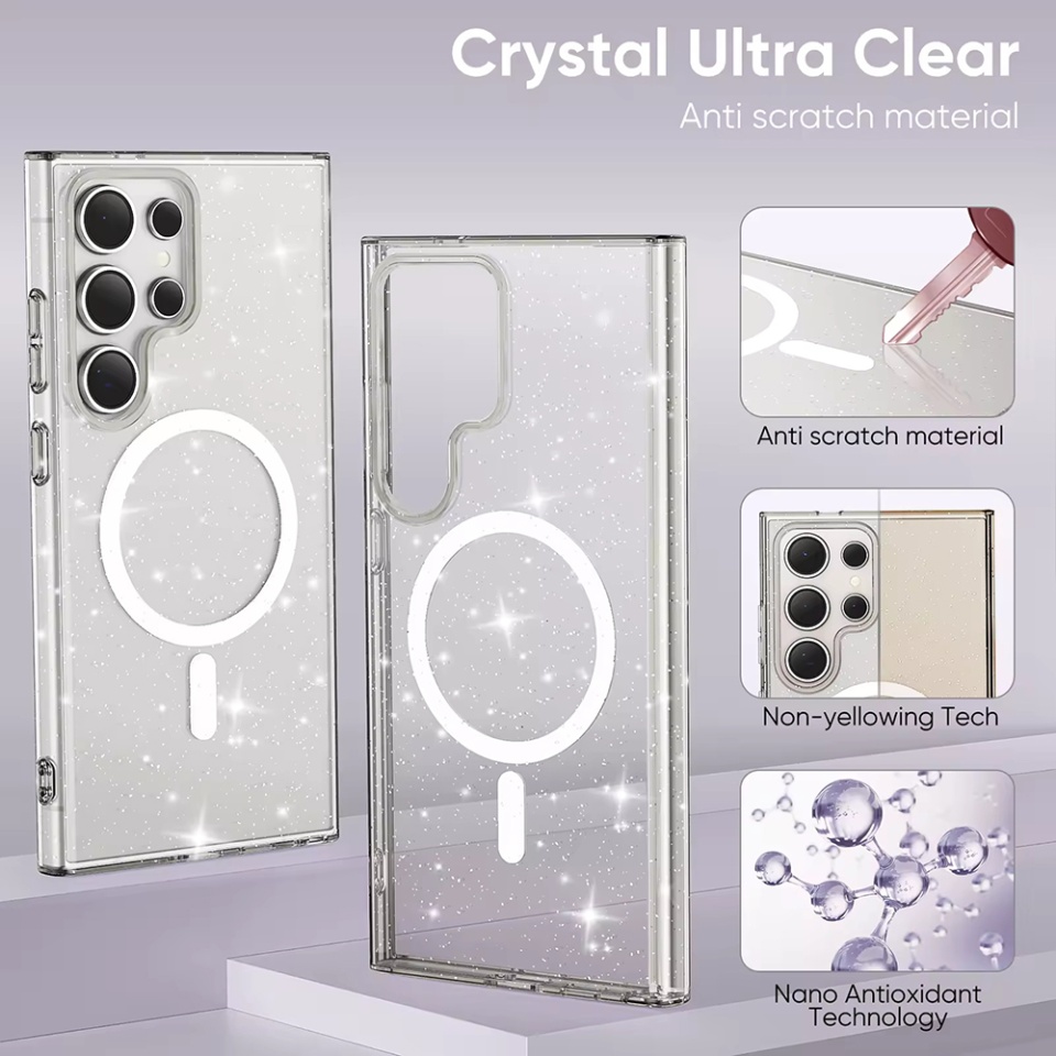 Husa pentru Samsung Galaxy S24 Ultra, Magsafe, din Silicon TPU cu Sclipici, Design Elegant si Ultra Subtire, SKDR Shine - Transparenta - 1 | YEO