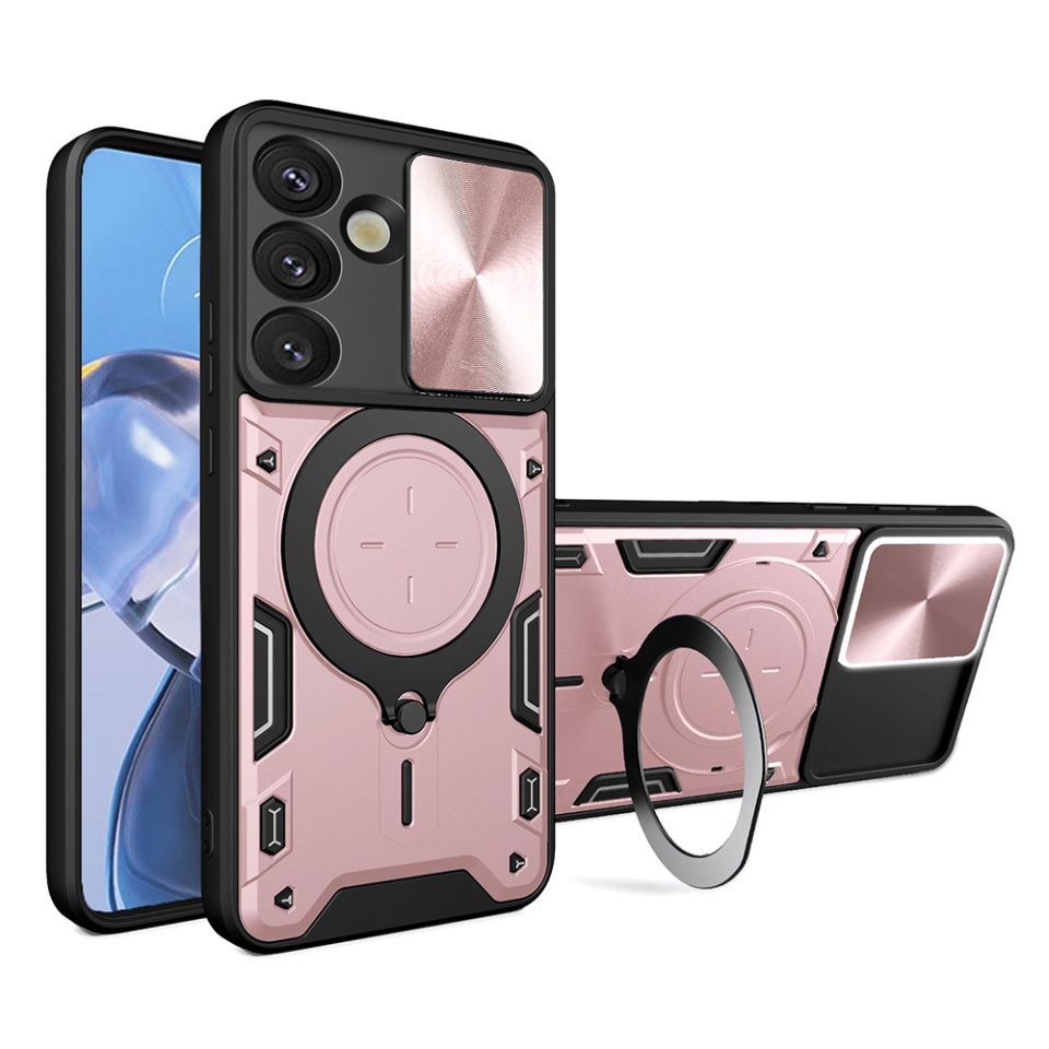 Husa pentru Samsung Galaxy S25, cu inel magnetic si suport ajustabil, protectie completa camera, SKDR SafeCover - Roz auriu