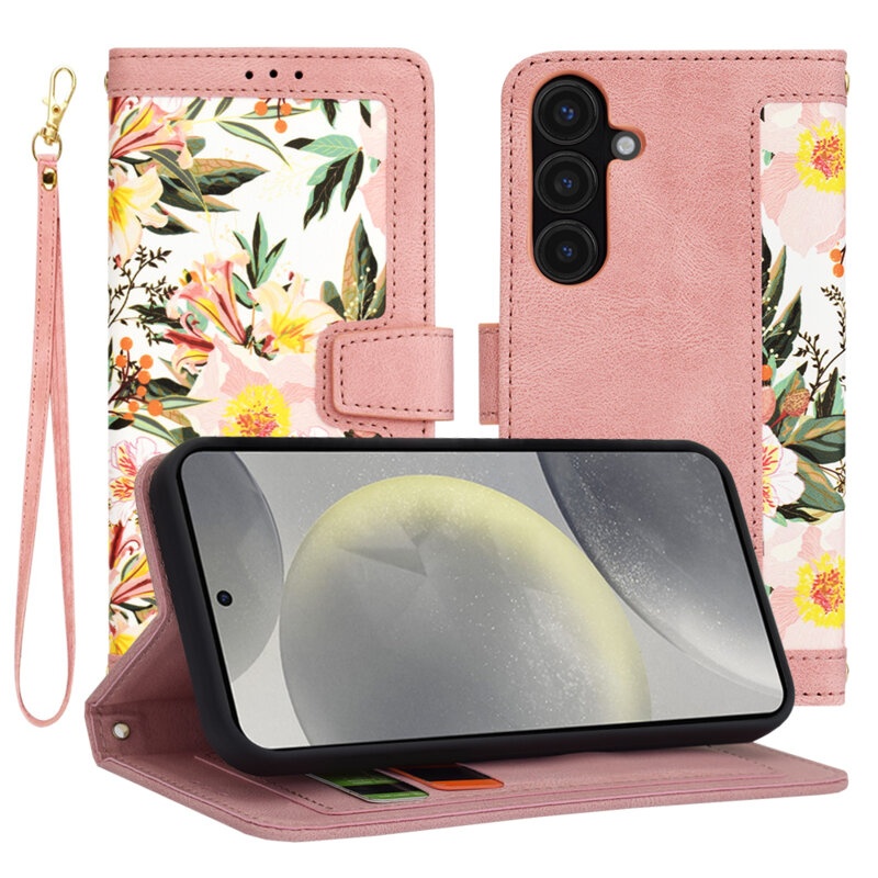 Husa pentru Samsung Galaxy S25 din Piele Ecologică cu Design Floral, Protecție 360°, Stand Integrat, Buzunare pentru Carduri, SKDR Floral Wallet - Roz