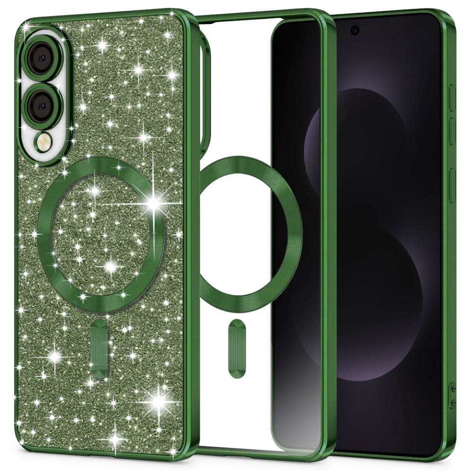 Husa pentru Samsung Galaxy S25 Edge, SKYDDAR INNOVATION, Luxury Glitter Magsafe, Antisoc, Fundal Detasabil 2-in-1, Protectie Superioara, Margini Ridicate, Verde, set cu sticker