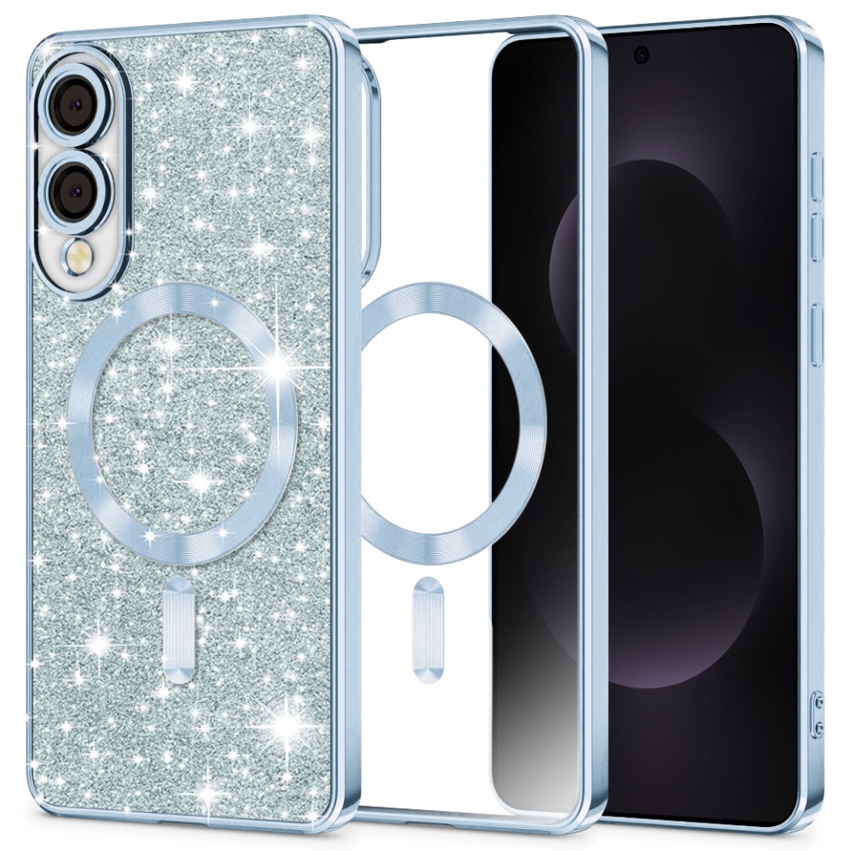 Husa pentru Samsung Galaxy S25 Edge, SKYDDAR INNOVATION, Luxury Glitter Magsafe, Antisoc, Fundal Detasabil 2-in-1, Protectie Superioara, Margini Ridicate, Bleu, set cu sticker
