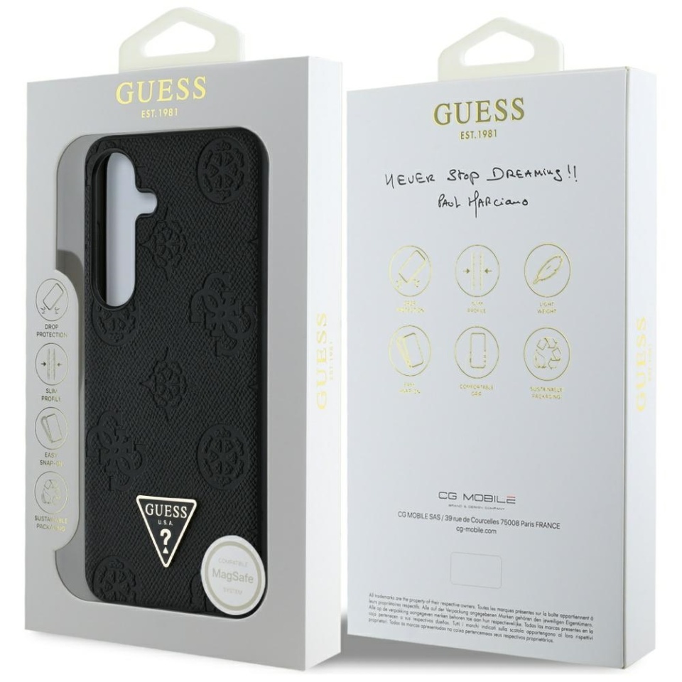 Husa pentru Samsung Galaxy S25, Guess, Peony Grained Hot Stamp Triangle Logo MagSafe, Negru - 7