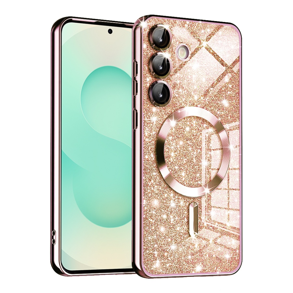 Husa pentru Samsung Galaxy S25 Plus, SKYDDAR INNOVATION, Luxury Glitter Magsafe, Antisoc, Fundal Detasabil 2-in-1, Margini Ridicate, set cu sticker, Roz auriu