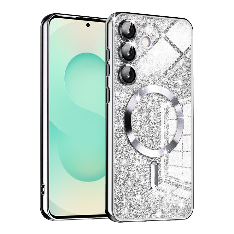 Husa pentru Samsung Galaxy S25 Plus, SKYDDAR INNOVATION, Luxury Glitter Magsafe, Antisoc, Fundal Detasabil 2-in-1, Margini Ridicate, set cu sticker, Argintiu