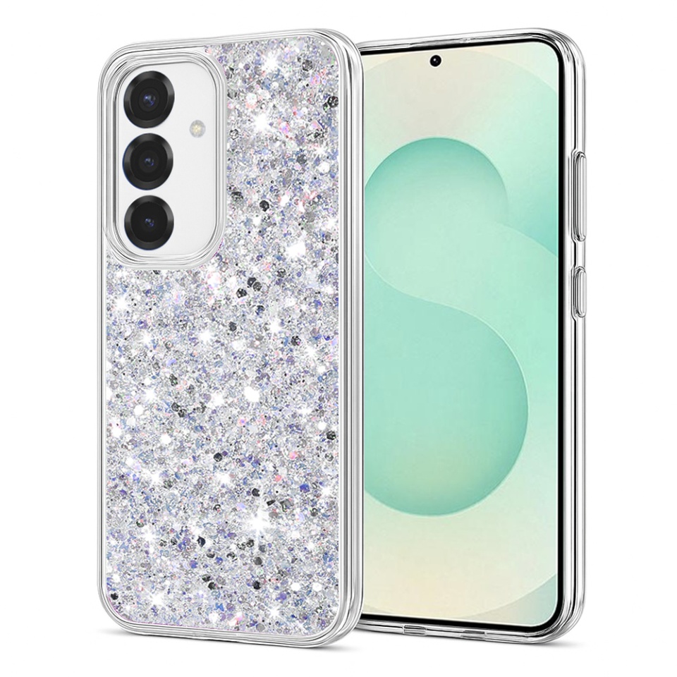 Husa pentru Samsung Galaxy S25 Plus, SKYDDAR INNOVATION, SparkleCase, din Silicon cu Sclipici, Protectie Completa, Alb, set cu sticker